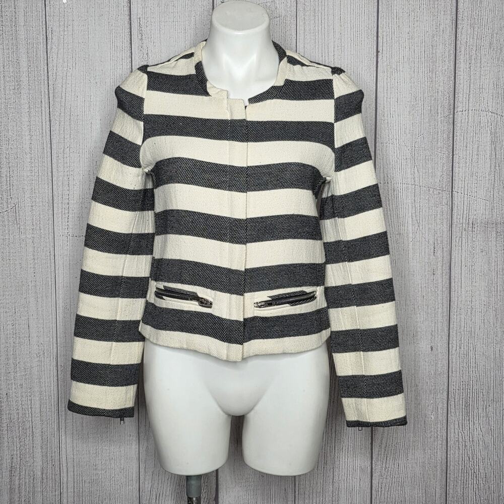 Harlowe & Graham Striped Moto Jacket Zip Pocket Cotton Blend, Small